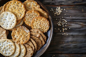 Canvas Print - Assorted crispy flatbread crackers with sesame and salt on wooden plate