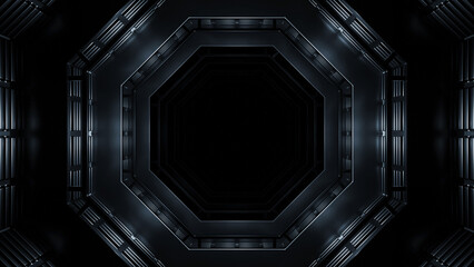 Wall Mural - dark space tunnel with flashing lights. design. octagonal shape of metal tunnel. 3d spaceship tunnel