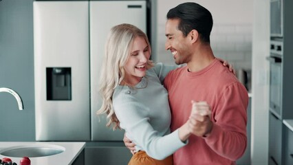 Poster - Home, dancing and couple with love, energy and relationship with happiness, romance and bonding together. Kitchen, support or man with woman, marriage or joy for anniversary, smile or care with trust