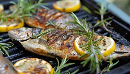 Wall Mural - BBQ and grill parties featuring traditional Mediterranean grilled fish with rosemary and lemon on a plate