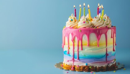 Wall Mural - Birthday cake with multicolored frosting and white chocolate drips on a blue background