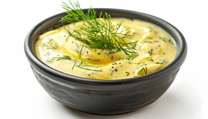 Black ceramic bowl with honey and mustard sauce and dill isolated on white