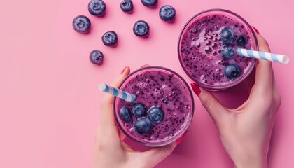 Poster - Blueberry smoothies in glasses with straws held by a woman s hand on a pink backdrop Refreshing summer drink