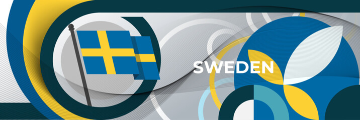 Sweden national day banner design. Swedish flag theme circles rings web art background. Abstract celebration pattern, blue yellow color. Sweden flag geometric spiral waves vector Scandinavia.