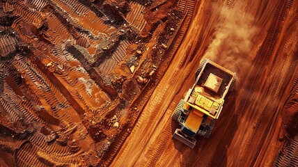 Wall Mural - Aerial view of mining equipment amidst red soil deposits