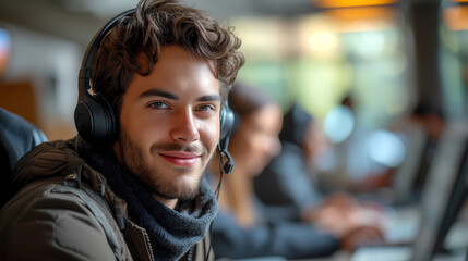 Wall Mural - Close up portrait of a handsome man wearing headphone. Photography for call center employee, freelance, assistant, communicating online, tech support. Looking at camera, smiling friendly.