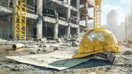 Construction house. Repair work. Drawings for building and yellow helmet on the background of a construction site