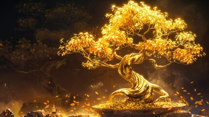 Wall Mural - illustration of golden bonsai tree with gold leaves, idea for wealth and prosperity background wallpaper