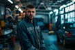 © SHOTPRIME STUDIO - Confident man standing in front of a sleek car in a modern garage with hands on hips, showcasing automotive beauty and style