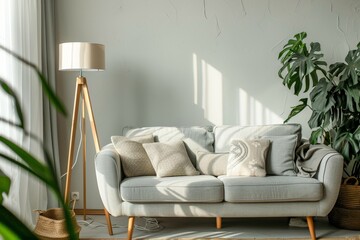 Wall Mural - Bright living room with grey sofa lamp and plant