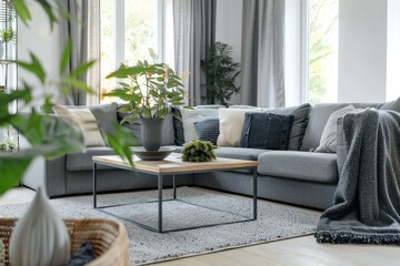 Poster - Bright living room with cozy grey sofas and coffee table on soft carpet