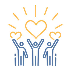 Community support volunteers and charity work. Vector thin line icon with raised arms volunteering crowd with hearts. Positive foundation, business, service