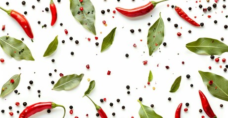 Sticker - Colorful chili peppers dried peppercorns on white background top view Seasoning spices for cooking cayenne pepper food Creative layout pattern