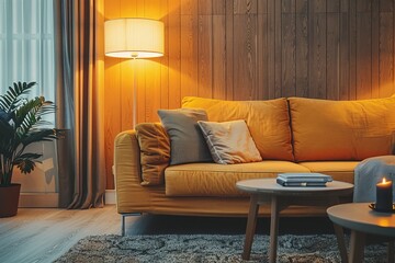 Sticker - Contemporary living room with comfy sofa carpet lamp decor wood panel
