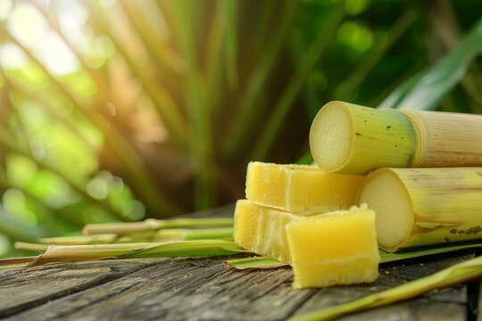 Cut sugarcane on wooden table with natural background