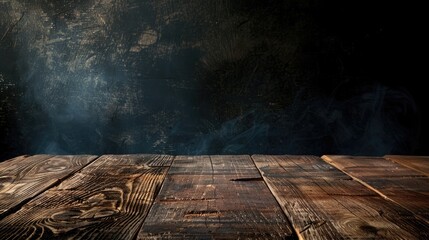 Wall Mural - Wood table with abstract dark background featuring wooden pattern plates ideal for decorating tablecloth website or design concepts