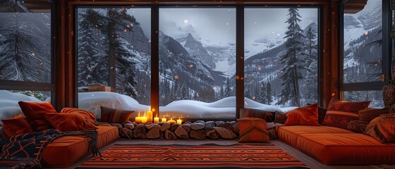 A cozy living room with a fireplace and a view of the mountains