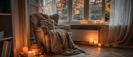 A cozy living room with a chair, a blanket, and candles