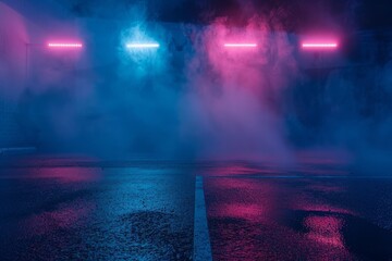 Poster - Dark empty street with neon lights smoke night view