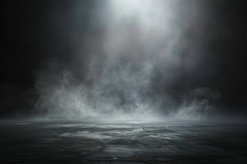 Poster - Dark room floor with abstract image for product placement White fog moves on black background