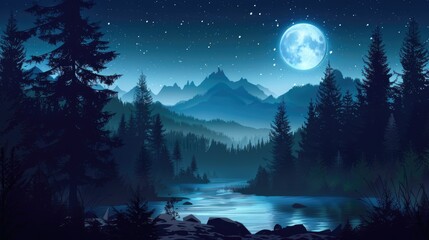 Wall Mural - dark forest at night with a river and mountains under a moonlit sky