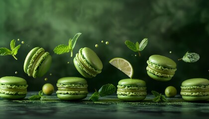 Poster - Delicious French dessert green macarons with lime and mint on a dark green backdrop