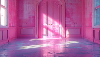 Sticker - 3d rendering, open double doors inside the pink room.