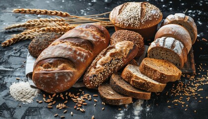 Wall Mural - Different breads with grain on a black rustic background