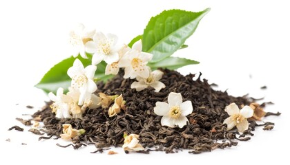 Poster - Dry jasmine tea and fresh jasmine flowers arranged on a white surface