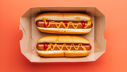 Wall Mural - Hotdogs with condiments in carton packaging pattern with geometrical design top view orange background