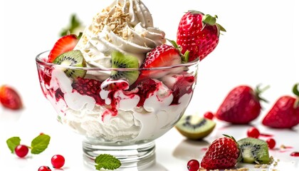 Canvas Print - Ice cream or yogurt with fruits in a glass dish on a white background