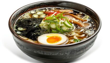 Wall Mural - Isolated ramen soup with various ingredients on white background
