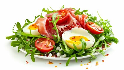Wall Mural - Isolated white background image of green salad with prosciutto egg arugula and tomato