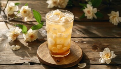 Sticker - Jasmine tea on wood with ice as backdrop