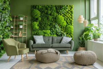 Wall Mural - Living room in cottage style with green walls and plants