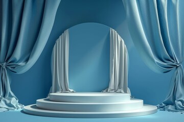Wall Mural - Luxurious 3d stage with blue background fabric curtain and spotlight