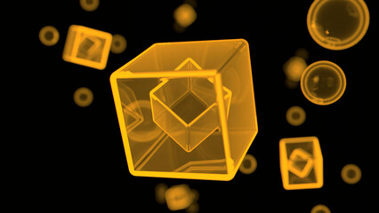 Sticker - 3d cubes rotating in virtual space. design. transparent cubes and round bubbles.