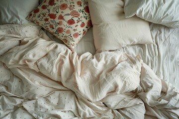 Wall Mural - Messy unmade bed with rumpled sheets and pillow from sleep