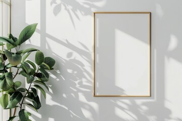 Wall Mural - Minimalist frame mockup poster on white wall with plant Window light casting shadow