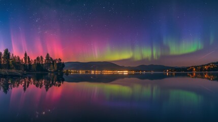 Wall Mural - A colorful spectacle of the Northern Lights captured in the crystalclear reflection of a peaceful lake.