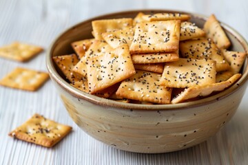 Wall Mural - Salty crackers with seeds in bowl on table with beer