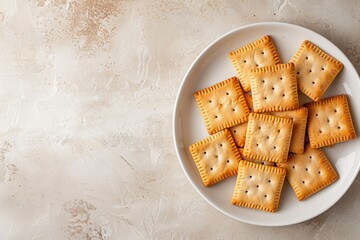 Canvas Print - Sandwich peanut butter crackers on white plate top view with space for text