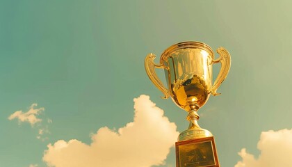 Wall Mural - successful champion in competition and business holding an award winning gold trophy against a sky b