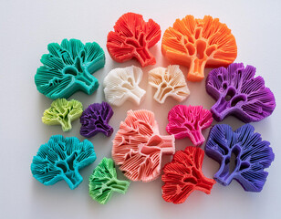 A vibrant array of multi-colored coral pieces arranged against a white background, symbolizing