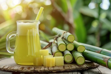 Wall Mural - Sugar cane juice in pitcher with cane pieces on a natural background