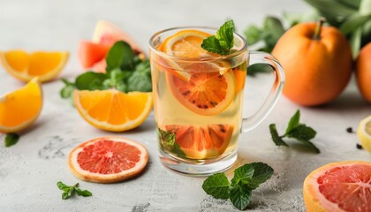 Sticker - Tasty bergamot tea and fresh fruits on a light grey table served in a glass cup