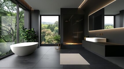 Poster - modern bathroom interior with black walls sink and mirror aigenerated design