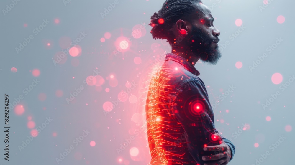 Man clutching his lower back in pain, with a double exposure of a pain
