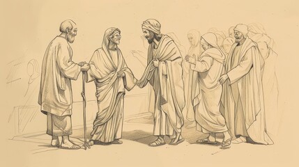 Wall Mural - Ten Lepers Healed by Jesus, One Returns with Thanks, Biblical Illustration, Beige Background, Copyspace