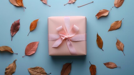 Wall Mural - A gift box tied with a ribbon bow, placed on a flat lay solid color background with tropical leaves and dried flowers, offering space for copy.
